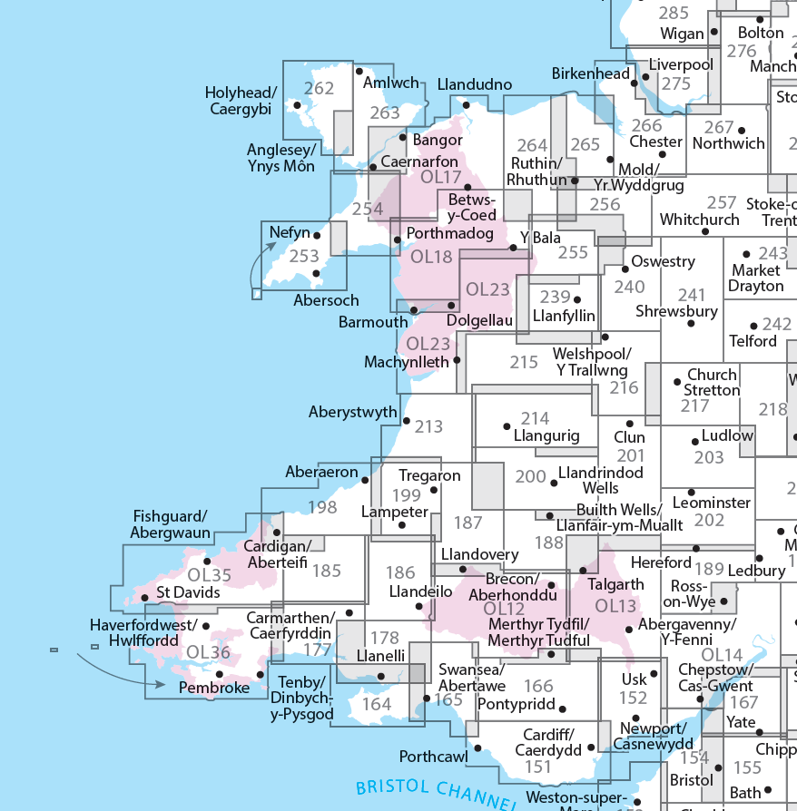 Overzichtskaart Explorer 25.000 topografische kaarten Wales